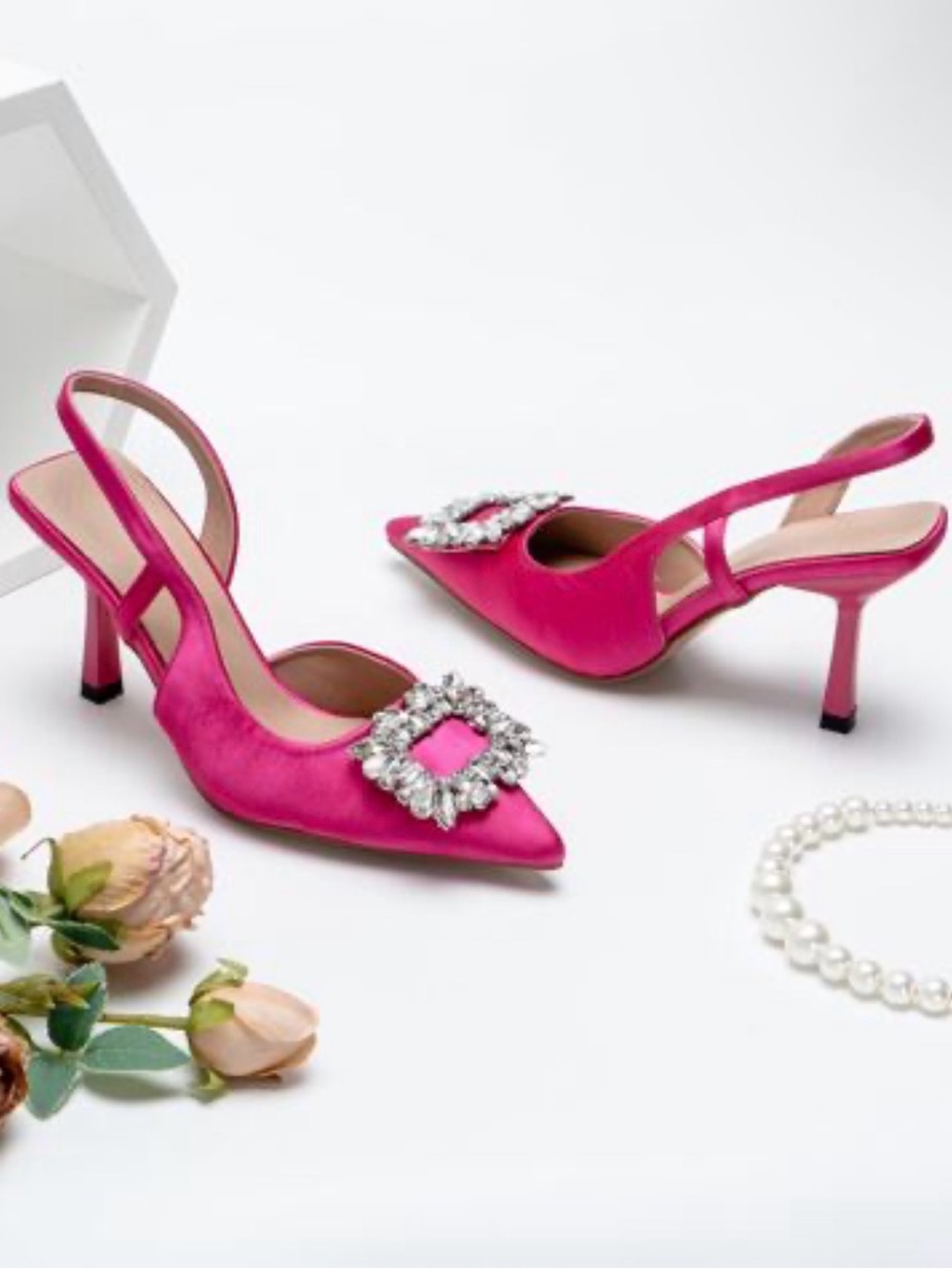 Hot Pink Embellished Slingback Pumps - Women Shoes
